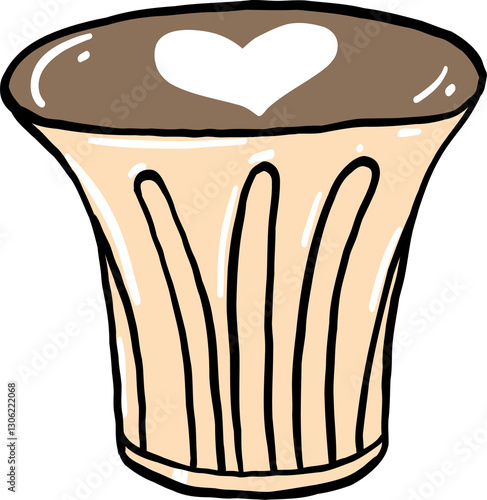 Playful hand-drawn illustration of a takeaway coffee cup with a heart-shaped latte art design, featuring a simple and modern cartoon style