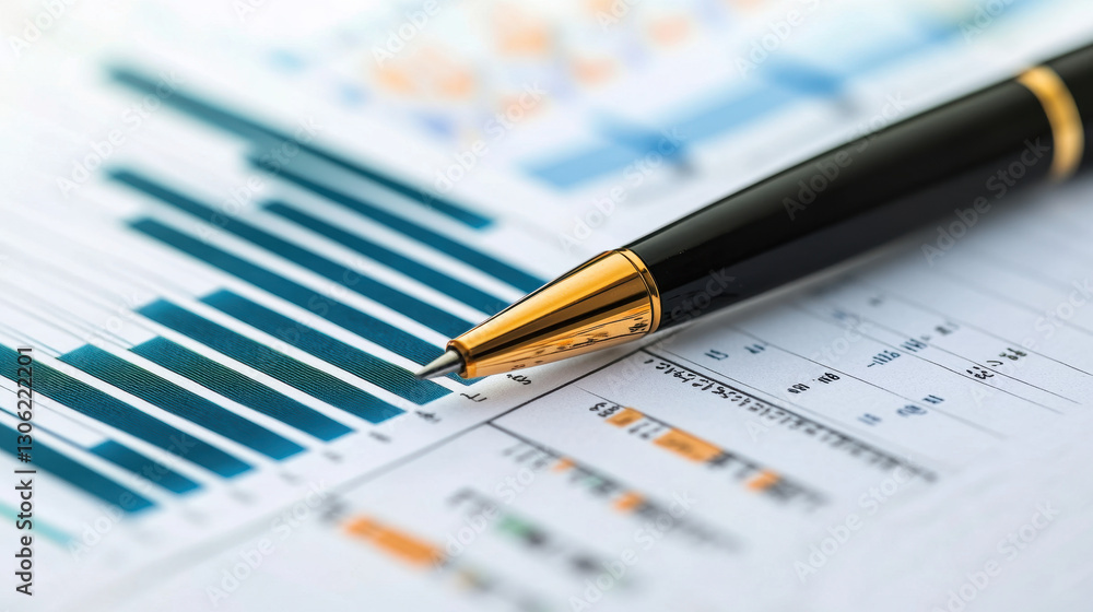 Close-up of a pen on financial charts and graphs, a business concept for medical or stock market growth with data points Close-up of a pen on financial charts and graphs, a business concept for medical or stock market growth with data points