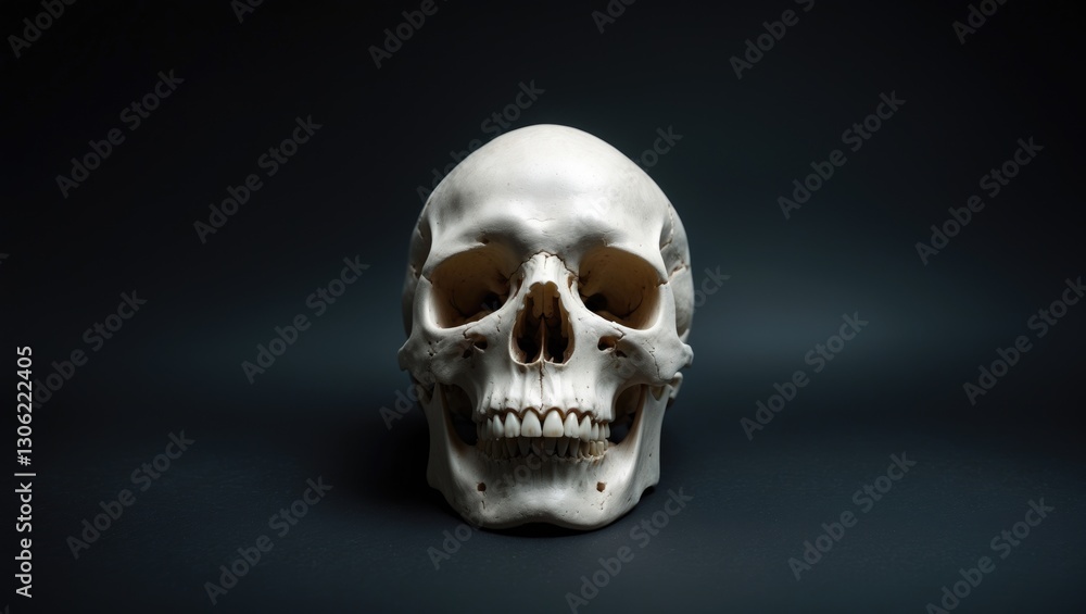 View of a human skull from the front set against a dark background. View of a human skull from the front set against a dark background.