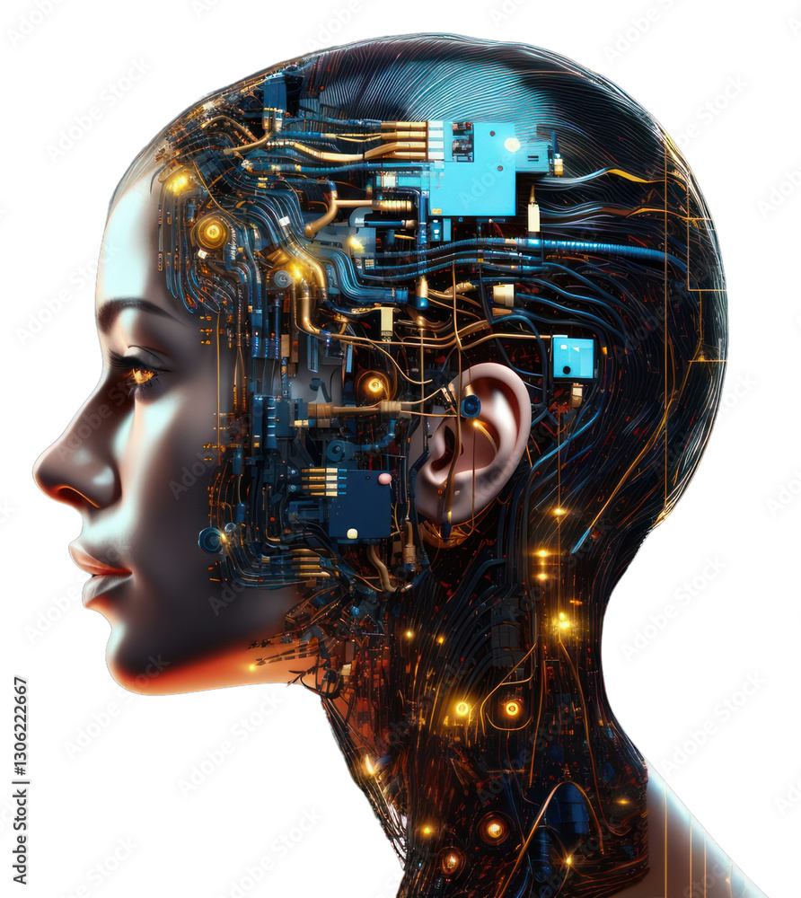 PNG Futuristic side portrait of robot circuits digital concept. PNG Futuristic side portrait of robot circuits digital concept.