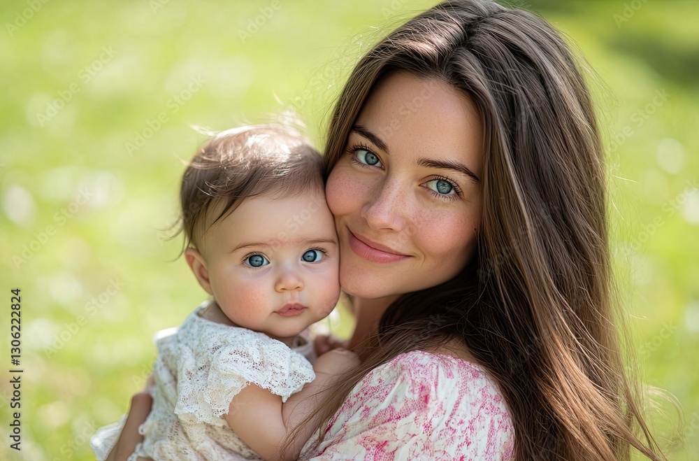 A young, beautiful woman holds her baby in the park. The photograph depicts an outdoor scene with a pink and white striped shirt, long hair, and a green grass background A young, beautiful woman holds her baby in the park. The photograph depicts an outdoor scene with a pink and white striped shirt, long hair, and a green grass background