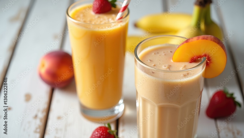 Revitalizing smoothie blends featuring nectarine or peach on a rustic wooden surface. Creamy apricot shake. A banana smoothie in a glass. Revitalizing smoothie blends featuring nectarine or peach on a rustic wooden surface. Creamy apricot shake. A banana smoothie in a glass.