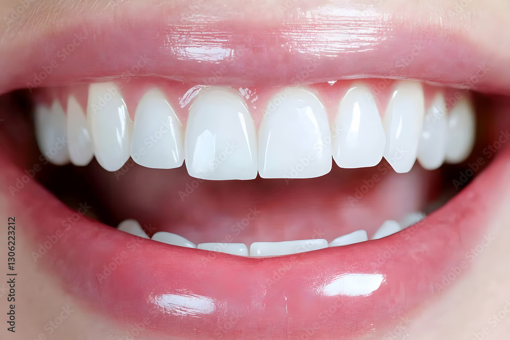 Realistic Image Closeup Of A Smiling Woman's White Teeth And Glossy Realistic Image Closeup Of A Smiling Woman's White Teeth And Glossy