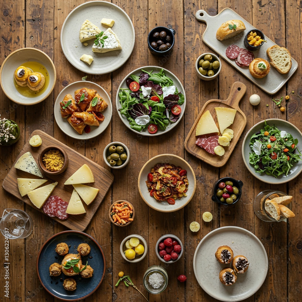 Gourmet dishes on rustic table Gourmet dishes on rustic table