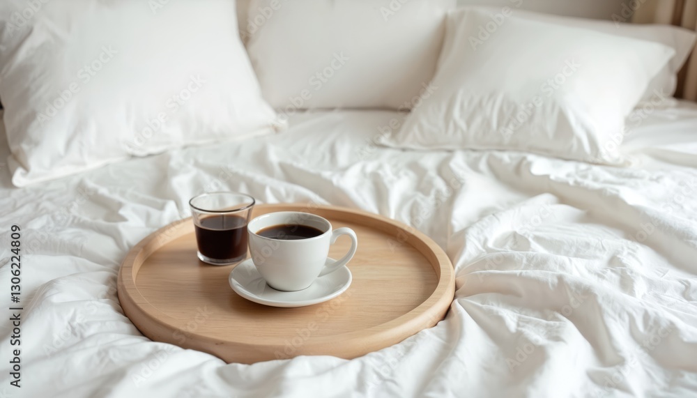 Minimalist design, coffee cup on wooden tray on white bed with pillows. Morning refreshment drink concept. Breakfast in hotel bedroom. Copy space for text or design mockup. Minimalist design, coffee cup on wooden tray on white bed with pillows. Morning refreshment drink concept. Breakfast in hotel bedroom. Copy space for text or design mockup.