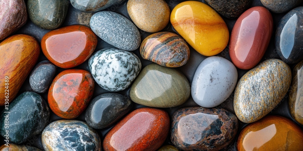 Colorful smooth stones arranged closely together on a flat surface showcasing various textures and hues Colorful smooth stones arranged closely together on a flat surface showcasing various textures and hues