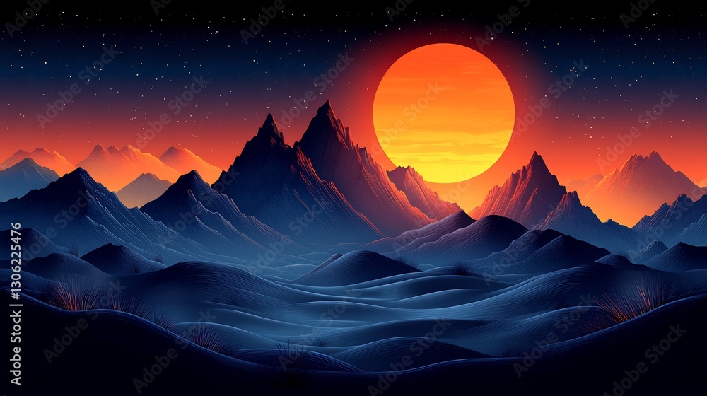 Fototapeta premium Serene sunset landscape dramatic orange sun silhouettes majestic mountains. AI Generated