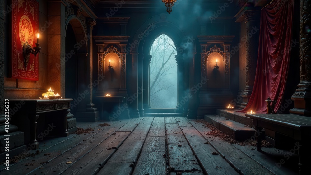 An Enigmatic Hallway with Ornate Pillars, Candles, and a Mystical Forest View Through an Archway An Enigmatic Hallway with Ornate Pillars, Candles, and a Mystical Forest View Through an Archway