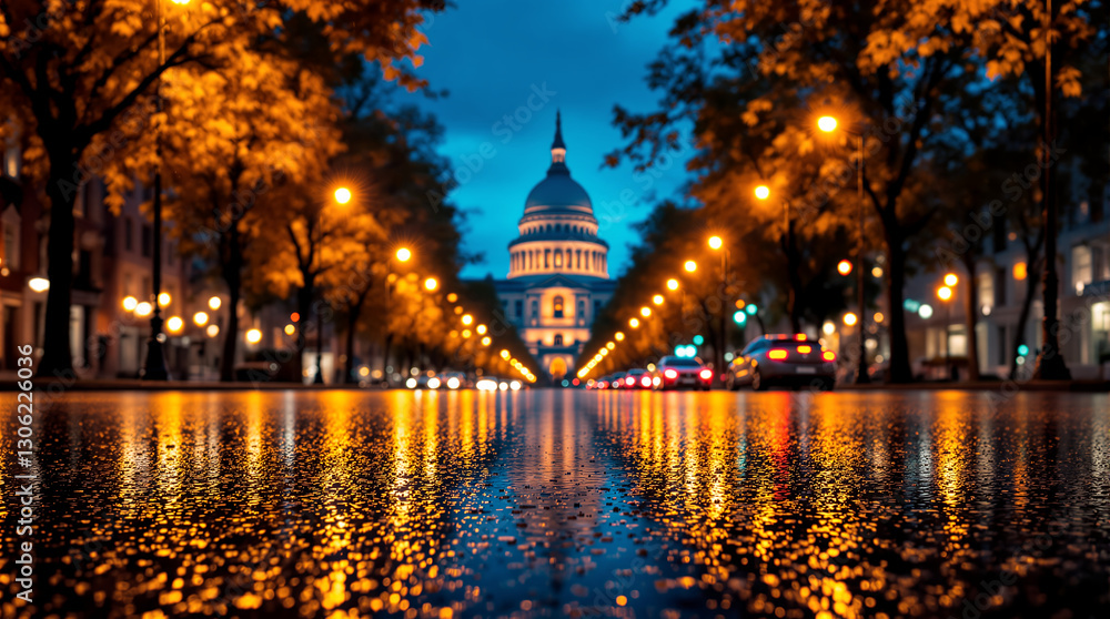 Fototapeta premium Illuminated Capitol Building at Night with Reflections on a Wet Street
