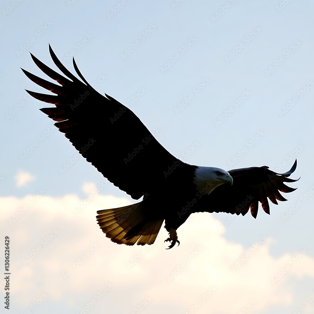 Majestic Soaring Eagle Silhouette Against Clear Blue Sky