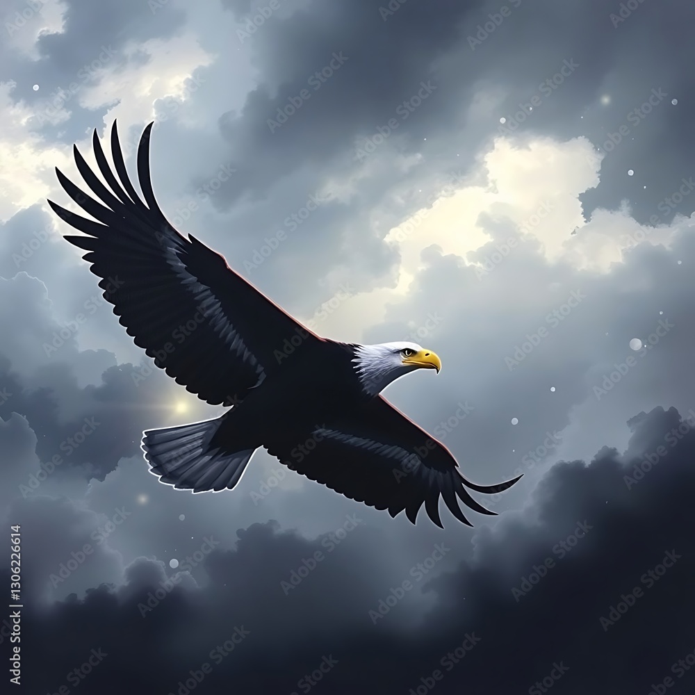 Majestic Eagle Silhouette Soaring Against Stormy Sky - Bold Digital Painting
