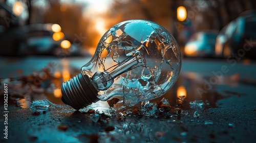 A shattered light bulb rests on a wet road. Reflections create an artistic scene. This image evokes thoughts on fragility and innovation. Generative AI