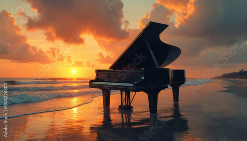 Surreal illustration of black piano on the sea beach during sunset time. Colorful clouds in sky. Relaxing scenery with musical instrument at ocean coast with sun reflecting in water.