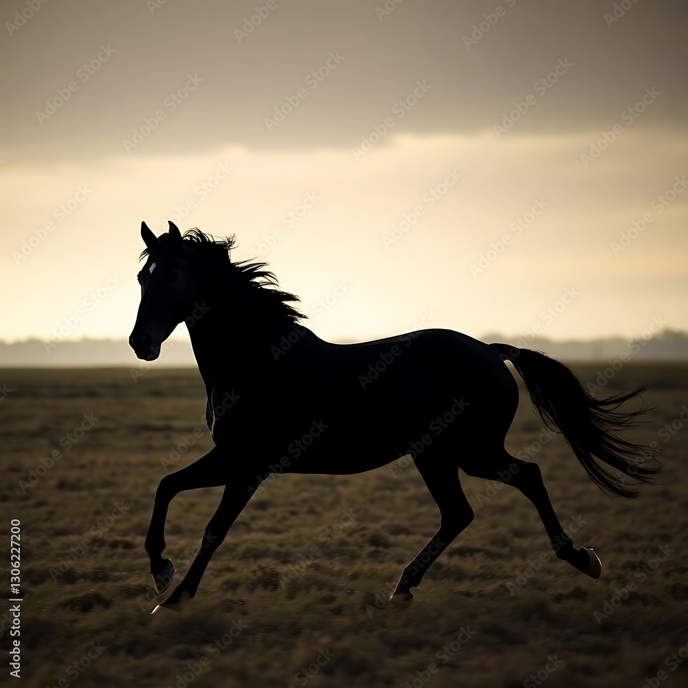 Majestic Black Horse Galloping Across a Field in Photorealistic Style