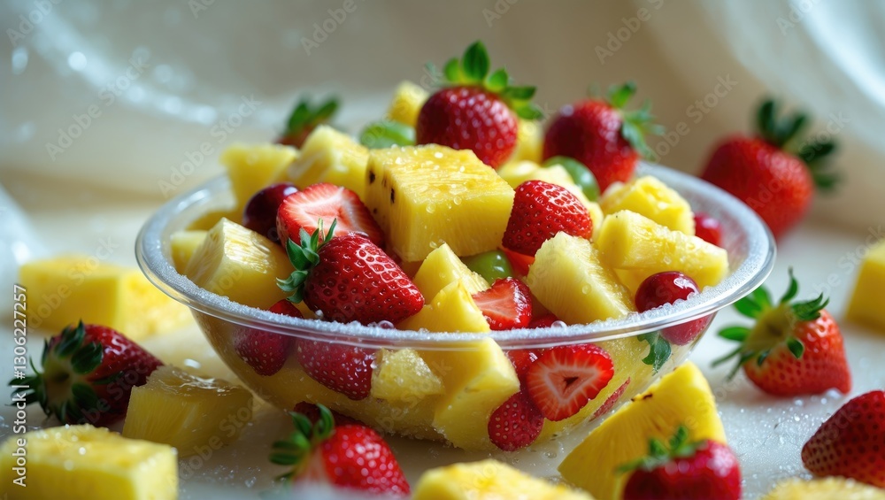 Refreshing fruit mix featuring fresh pineapple, strawberries, and a variety of nutritious fruits in a clear plastic bowl. Refreshing fruit mix featuring fresh pineapple, strawberries, and a variety of nutritious fruits in a clear plastic bowl.