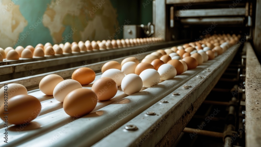 Raw and fresh chicken eggs moving along a conveyor belt towards the packaging facility. Themes of consumerism, egg farming, automated industry, and organic agriculture.