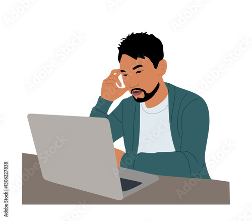 Thinking man sitting and the desk with laptop. Puzzled pensive person with serious thoughtful expression. Cartoon vector male character portrait illustration isolated 