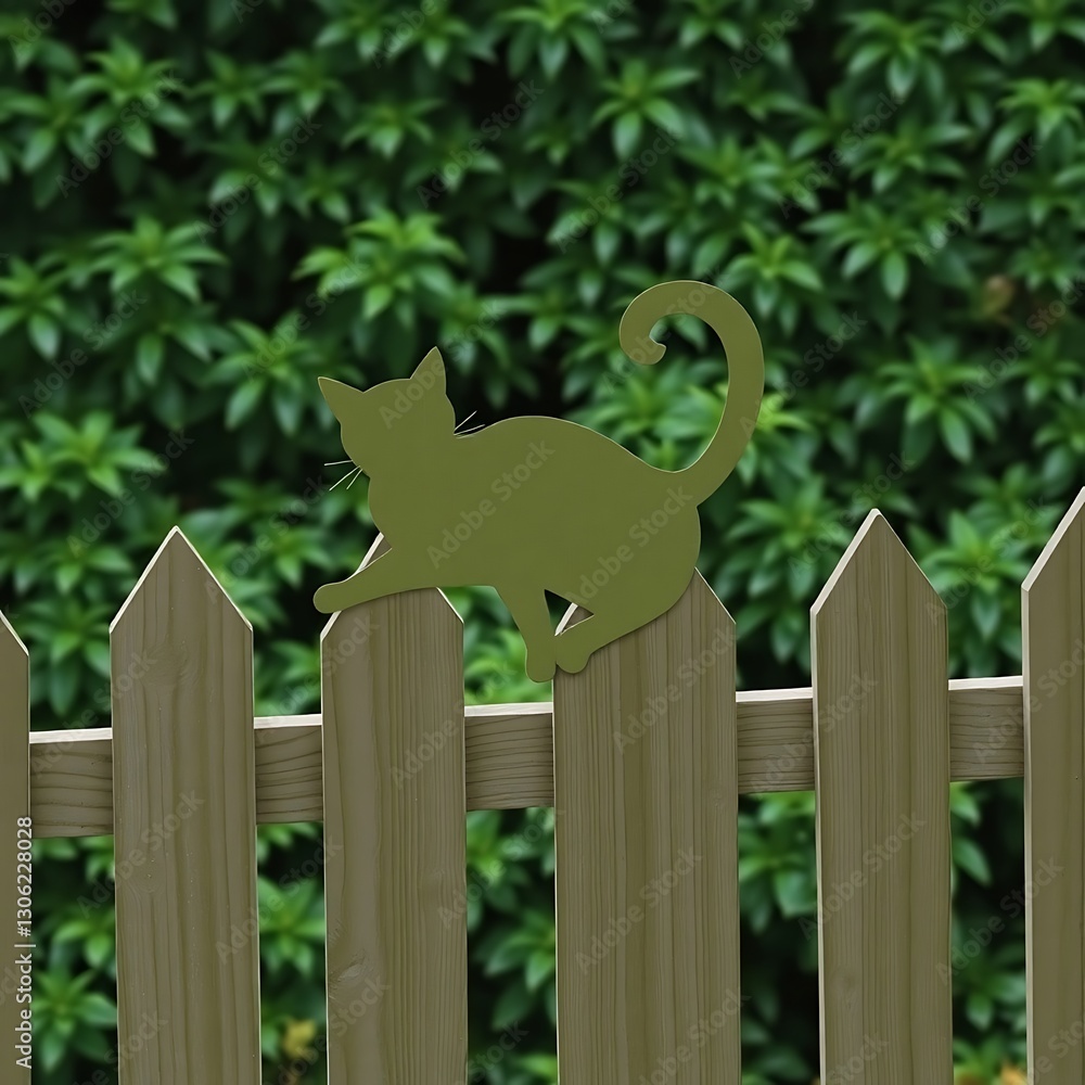 Playful Cat Silhouette on Fence in Lush Green Garden - Organic Shapes and Textures