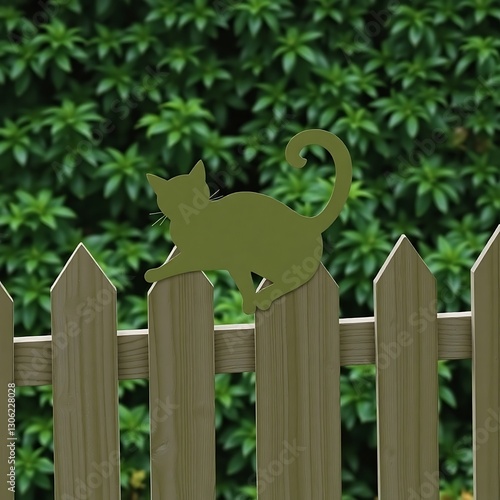 Obraz na płótnie Playful Cat Silhouette on Fence in Lush Green Garden - Organic Shapes and Textures w salonie
