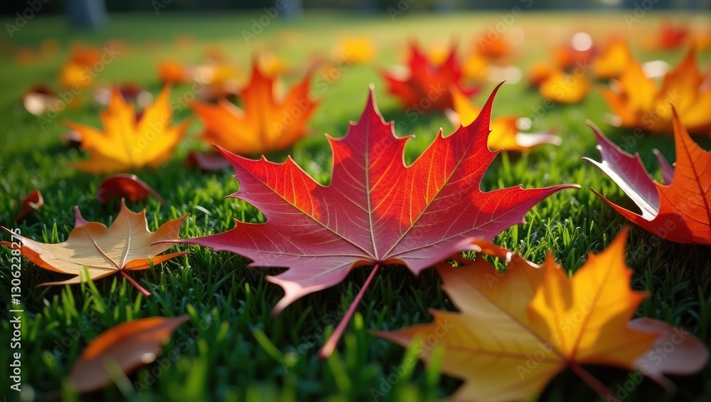 Colorful fallen maple leaves in shades of red, yellow, and orange blanket the lush green grass. After the final autumn cut before winter, the lawn appears beautiful. Includes aspects of plant nouri... Colorful fallen maple leaves in shades of red, yellow, and orange blanket the lush green grass. After the final autumn cut before winter, the lawn appears beautiful. Includes aspects of plant nouri...