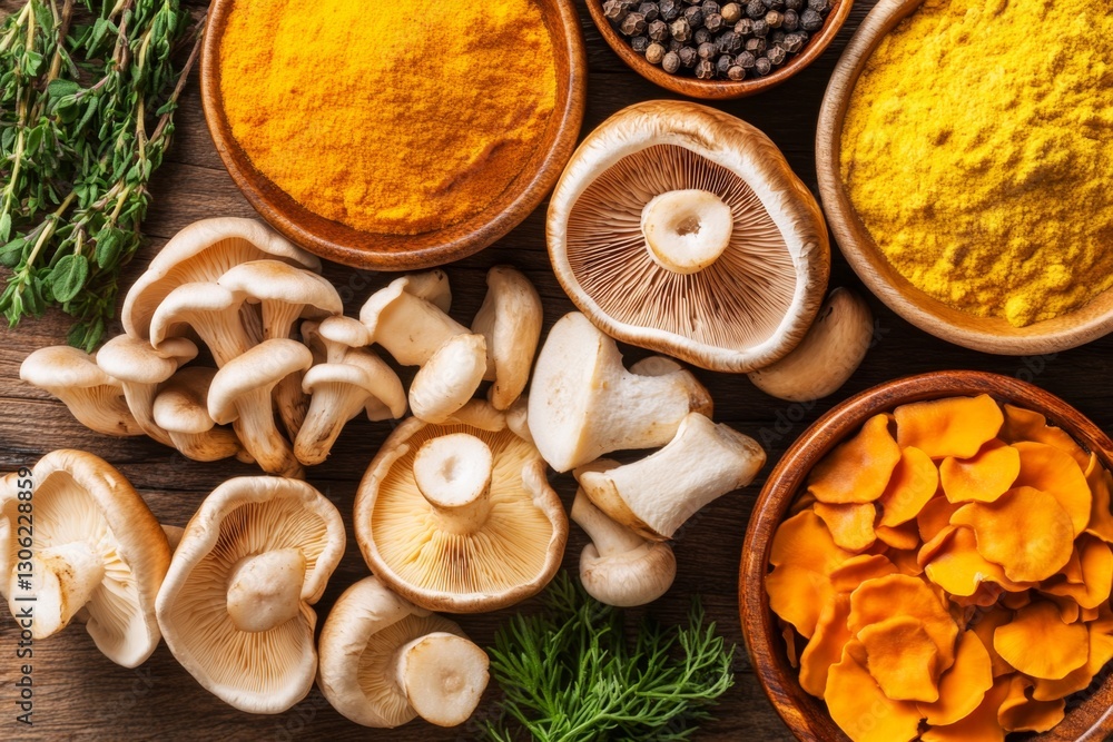 Fototapeta premium A vibrant still life of mushrooms, herbs, and spices arranged on a rustic table, with warm lighting highlighting their textures