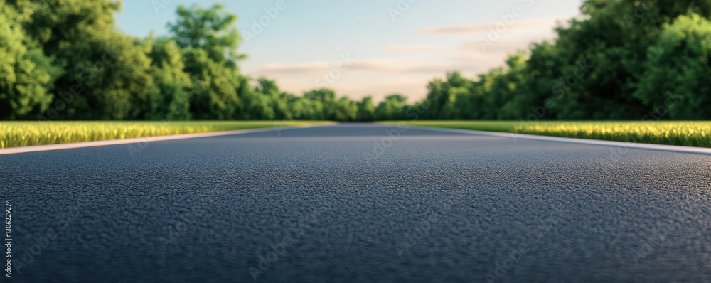 Fototapeta premium serene road stretches into distance, surrounded by lush greenery and clear sky, inviting sense of adventure and tranquility