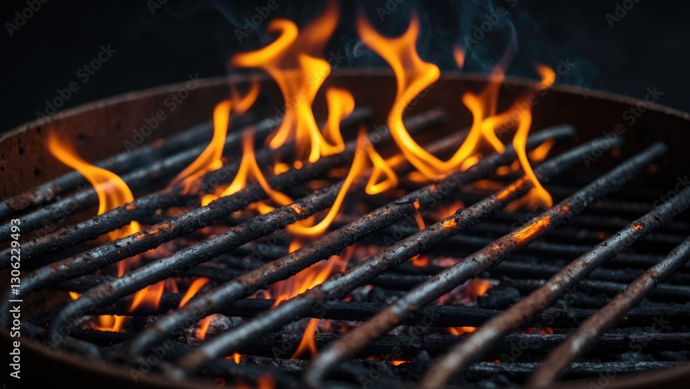 Vacant Charcoal Grill with Flames on a Dark Background Up Close. Concept of Summer Outdoor Barbecue or Picnic. Vacant Charcoal Grill with Flames on a Dark Background Up Close. Concept of Summer Outdoor Barbecue or Picnic.
