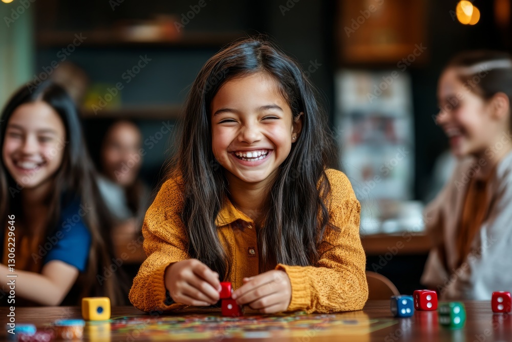 Fototapeta premium A child laughs while placing a game piece on a colorful board surrounded by friends, creating a joyful atmosphere filled with fun and laughter