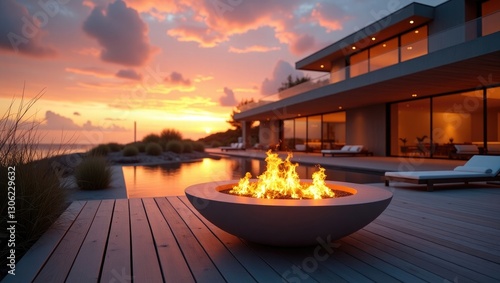Luxury beach house with fire pit at sunset, showcasing modern architecture.