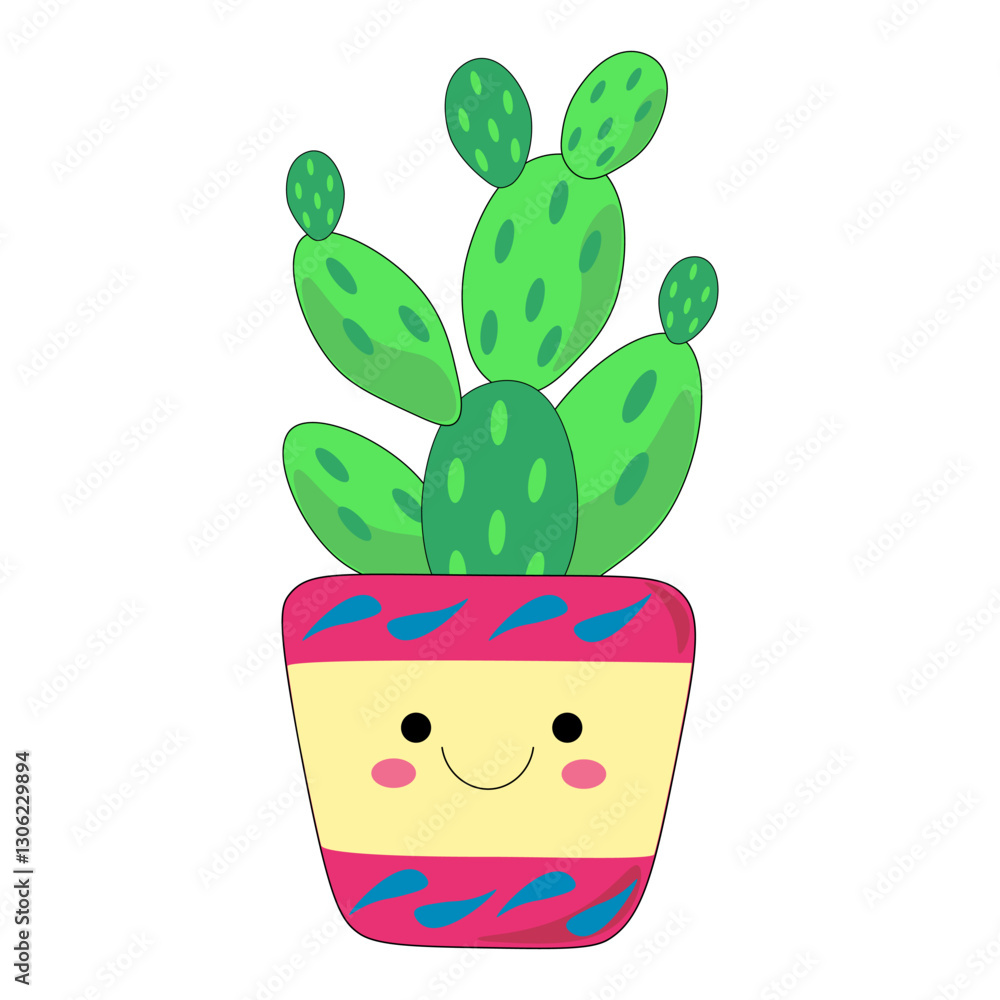 Cute green cactus. Cartoon character in colorful smiling flower pot. Colors: light green, dark green, pink, yellow, black, blue. One icon isolated on white background. Cute green cactus. Cartoon character in colorful smiling flower pot. Colors: light green, dark green, pink, yellow, black, blue. One icon isolated on white background.