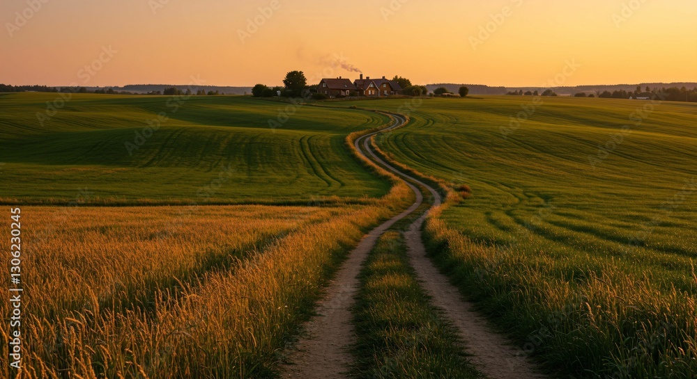 Fototapeta premium Winding Path Through Fields at Sunset