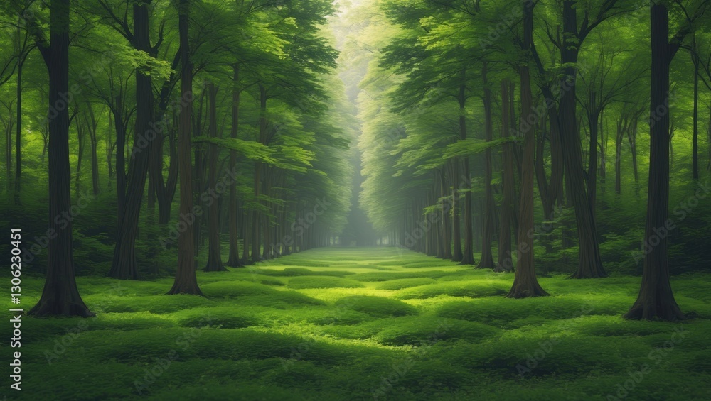 Obraz premium Seamless pattern of a forest. A natural summertime backdrop featuring lush green trees, ideal for textiles, prints, postcards, and greeting cards.