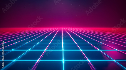 Neon Grid Background  Futuristic 80s Retro Sci-Fi Digital Landscape with Pink and Blue Lights  