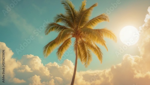 Beautiful coconut palm tree set against a bright sky. Tropical summer beach getaway or the concept of world preservation. Retro aesthetic.