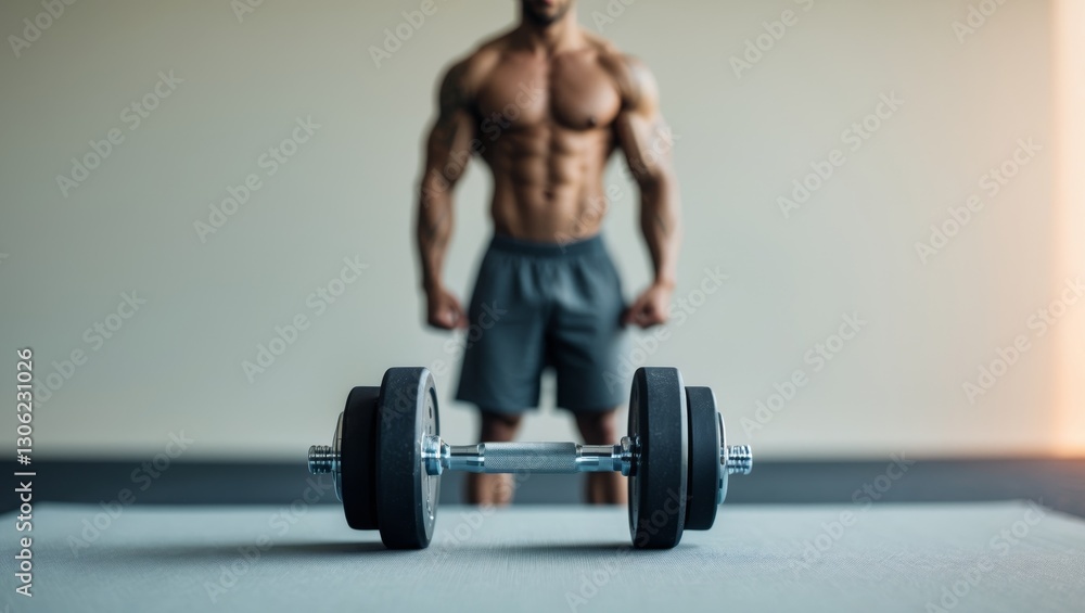 Gym dumbbell on mat with man in background Gym dumbbell on mat with man in background