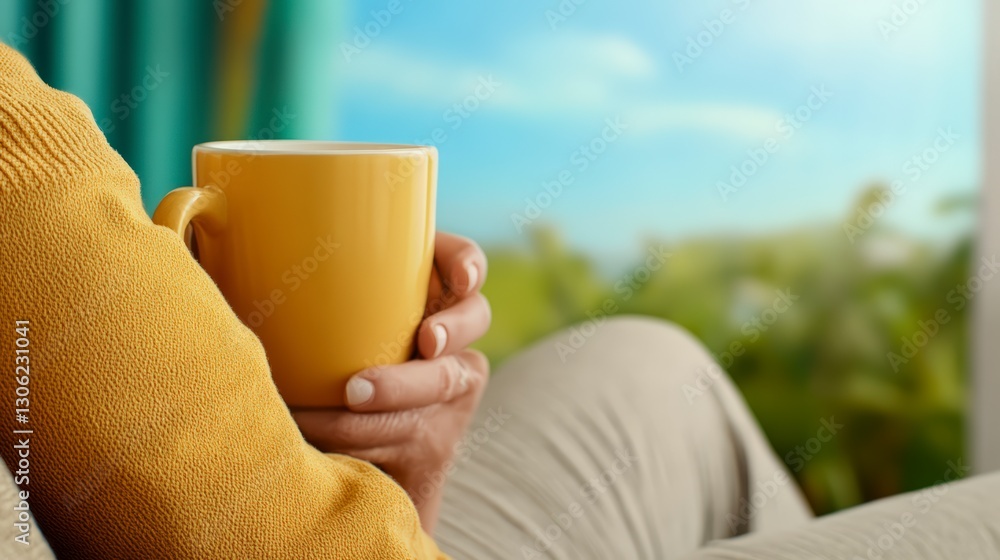 Person in Yellow Sweater Holds a Yellow Mug, Relaxing near Window Person in Yellow Sweater Holds a Yellow Mug, Relaxing near Window