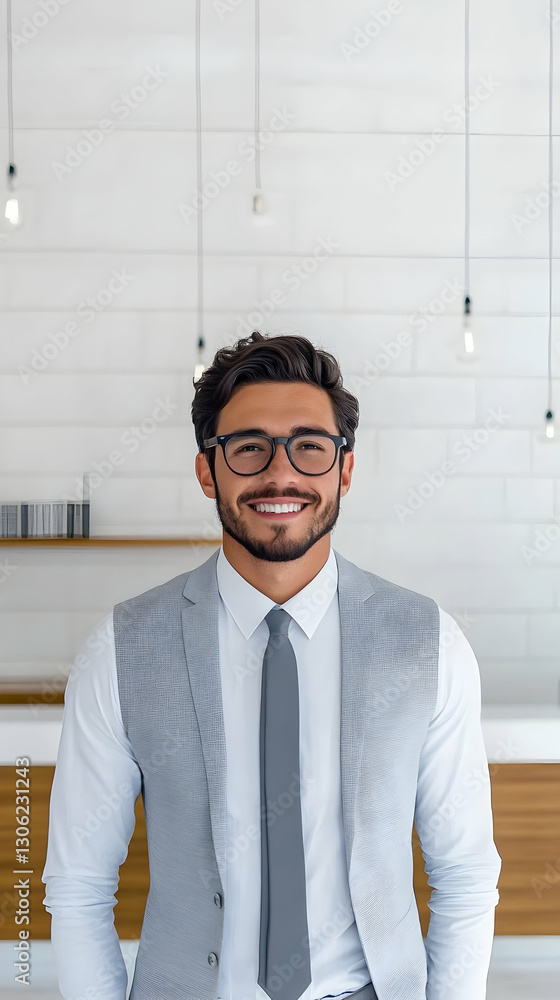 Smiling Man Portrait Photo In White Office Background With Glasses Smiling Man Portrait Photo In White Office Background With Glasses