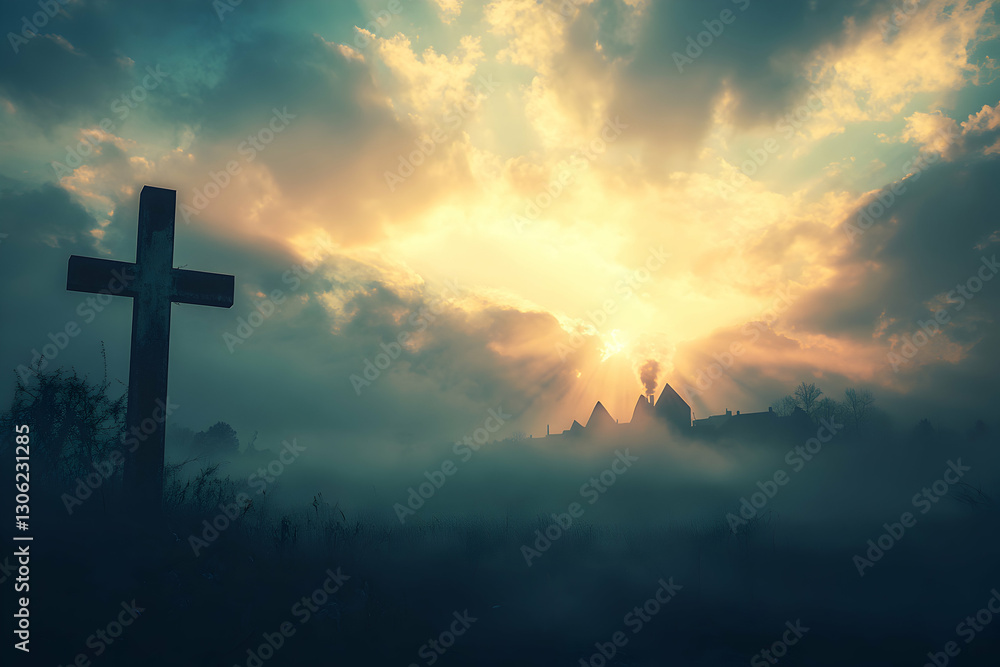 Obraz premium Silhouette of cross against a dramatic sky symbolizing faith and spirituality