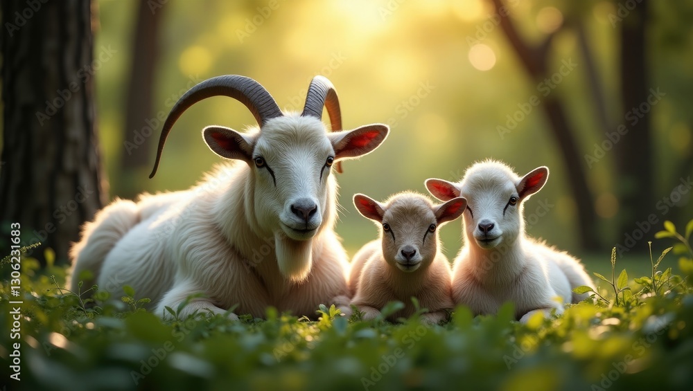 Family of goats resting in a forest Family of goats resting in a forest