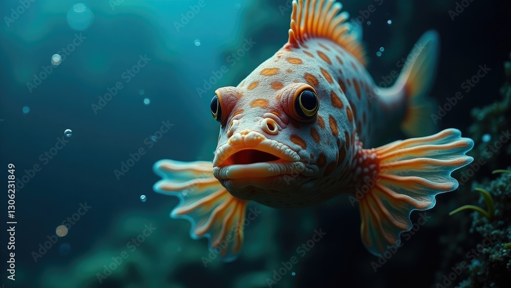 Fototapeta premium Aquatic close-up of a scorpion fish (Scorpaena sp.) captured underwater in the Mediterranean, featuring vibrant orange and white coloration.