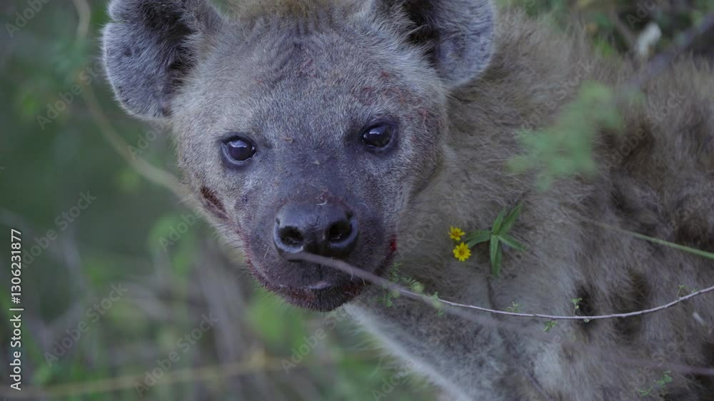 Close up of a Hyena blood dripping from mouth Close up of a Hyena blood dripping from mouth