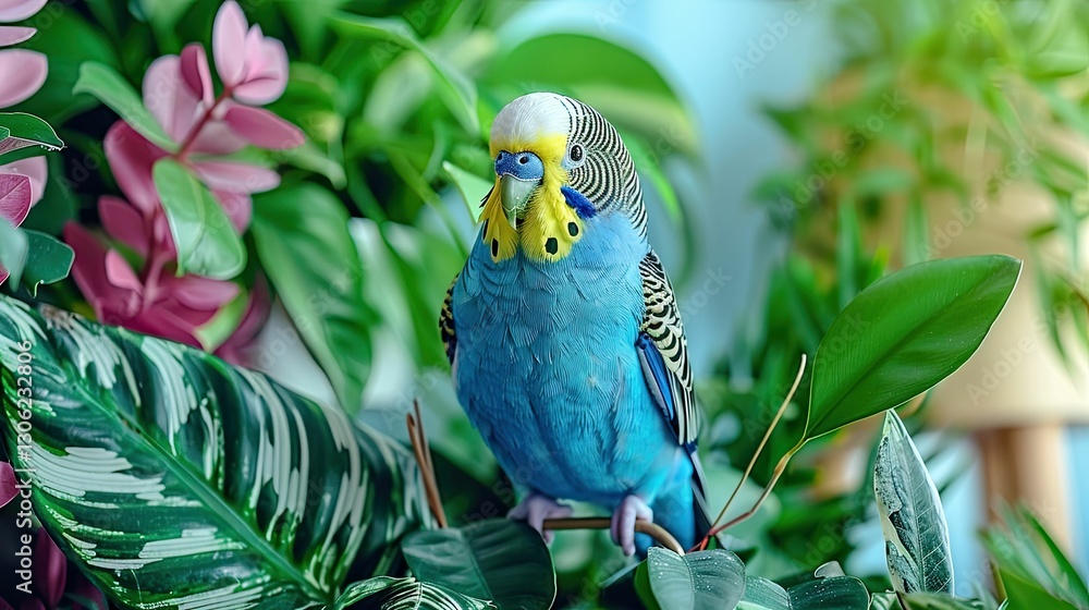 Obraz premium Bright blue budgerigar perched among vibrant indoor plants in a cozy setting