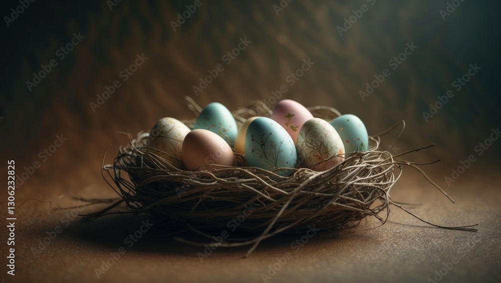 Obraz premium Decorative eggs placed in a nest with a subtle backdrop