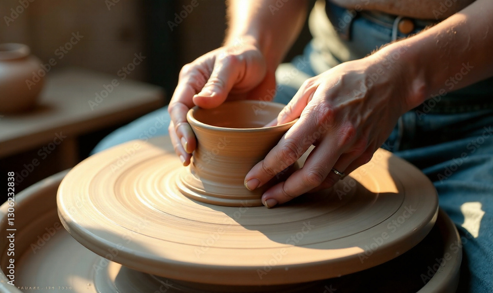 A skilled artisan's hands gently shape a swirling mass of clay on a potter's wheel, surrounded by an array of vibrant glazes and earthy textures in a sunlit studio. A skilled artisan's hands gently shape a swirling mass of clay on a potter's wheel, surrounded by an array of vibrant glazes and earthy textures in a sunlit studio.