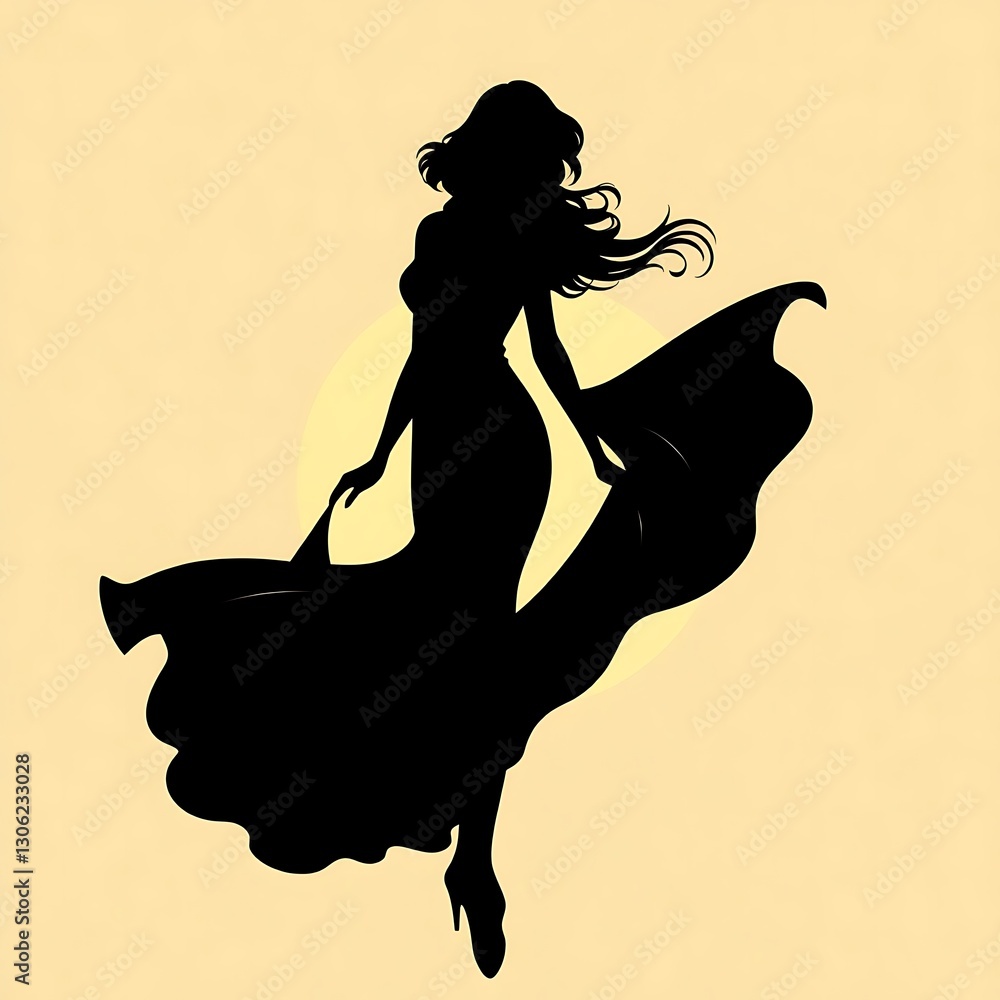 Graceful Female Silhouette in Flowing Dress at Sunrise, Art Deco Style