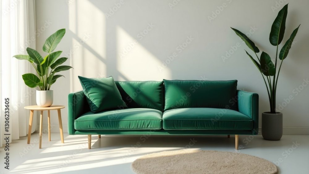 A mockup featuring a green couch alongside a plant in a bright white living area. A mockup featuring a green couch alongside a plant in a bright white living area.