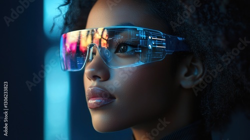 A woman is wearing futuristic glasses looking intently sideways