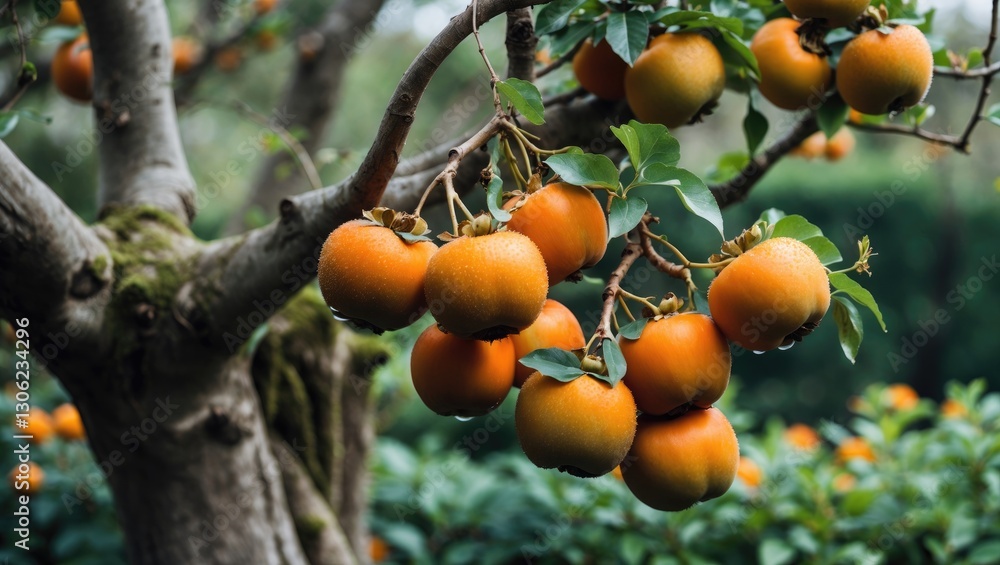 Vibrant, juicy persimmons hanging from branches amidst a lush garden. Persimmon trees produce both crisp, firm varieties and soft, ripe fruits that are delightfully sweet. Vibrant, juicy persimmons hanging from branches amidst a lush garden. Persimmon trees produce both crisp, firm varieties and soft, ripe fruits that are delightfully sweet.
