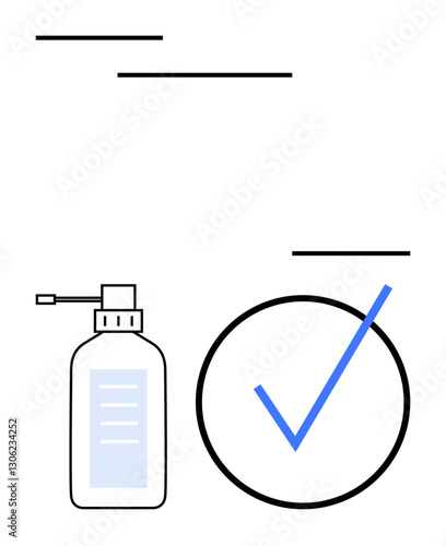 Hand sanitizer bottle with a spray nozzle next to a large blue checkmark icon. Ideal for healthcare, hygiene, safety, cleanliness, approval, disinfection, wellness themes. Modern flat simple metaphor