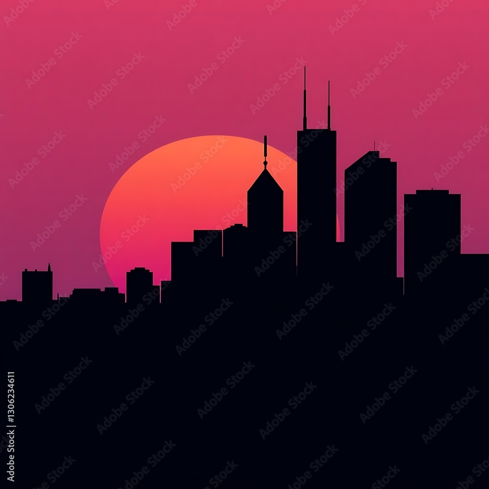 Fototapeta premium Bold Geometric Cityscape Silhouette with Gradient Pink and Purple Sunrise
